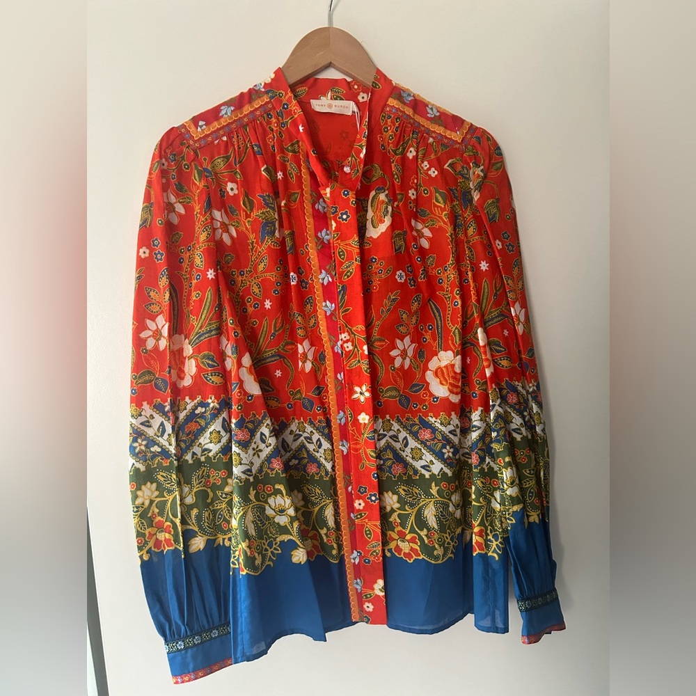 NWT Tory Burch Kia Bow Blouse Samba Batik Flower Size 6